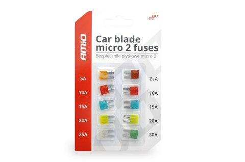 Bezpieczniki samochodowe micro 2 blister zestaw 10 szt. amio-02331