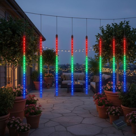 Solarne lampki LED Maclean, 2,4m długościi, 144 diody LED, 8 sopli RGB, tryb opadających sopli, bateria Li 800mAh, MCE412