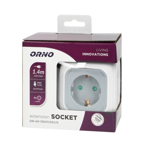 Przedłużacz 4x2P+Z (Schuko), ładowarka USB A+C, Quick charge, 1,4m H05VV-F 3x1,5mm?, szary