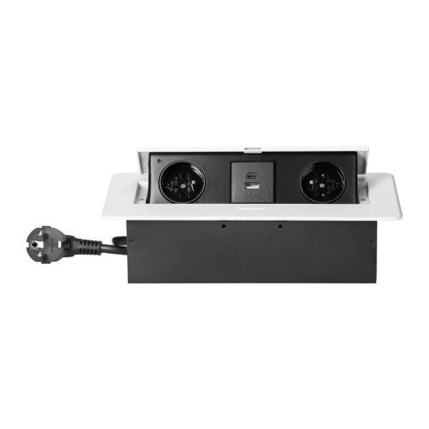 Gniazda meblowe wpuszczane w blat z płaskim frezowanym rantem, ładowarką USB i przewodem 1,5m, 2x2P+Z, 2xUSB (typ A+C; 3,6A), bi