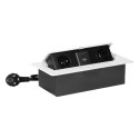 Gniazda meblowe wpuszczane w blat z płaskim frezowanym rantem, ładowarką USB i przewodem 1,5m, 2x2P+Z, 2xUSB (typ A+C; 3,6A), bi