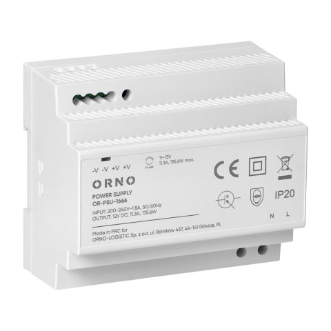 Zasilacz na szyne DIN, 12VDC, 11,3A, 135,6W, 6 modułów