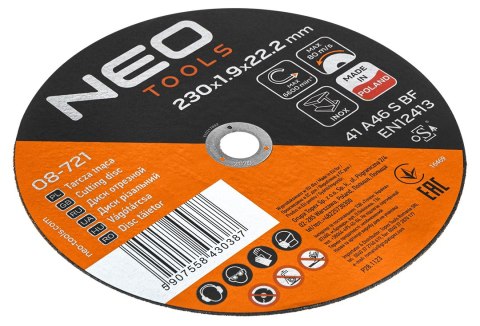 Tarcze tnące do metalu/INOX 230 x 1.9 x 22,2mm, 41 A46-S-BF, 25 szt. kartonik. Wyprodukowano w PL