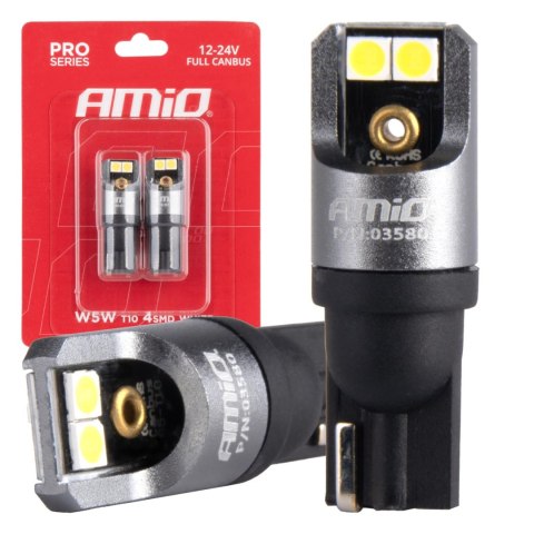 Żarówki led full pro t10 w5w 4x3030 smd białe 12v 24v amio-03580