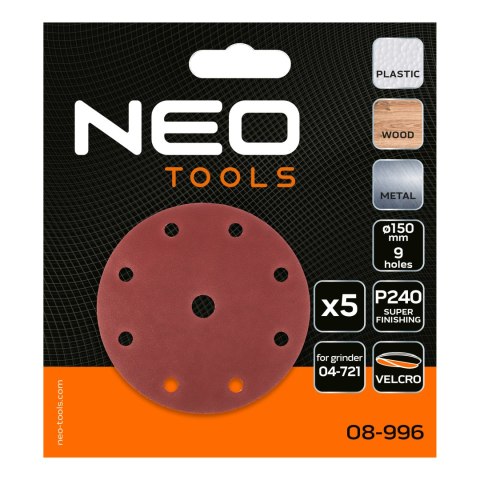 Krążki ścierne 150 mm, P240, 5 szt., z 9 otworami do 04-721
