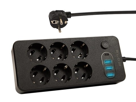 98-211# Przedłużacz sieciowy ps-630 6-gniazd 3xusb 1xusb-c 3m czarny 3x1mm