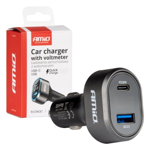 Szybka ładowarka samochodowa z woltomierzem 48w pd30w qc3.0 usb-a usb-c amio-04178