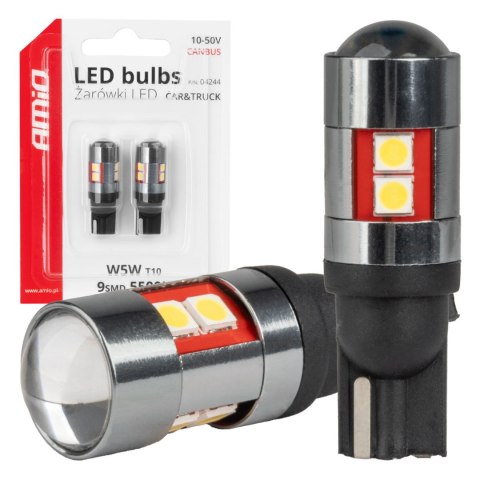 Żarówki led canbus t10 w5w 9 smd 3030 white 12v 24v 36v 48v amio-04244