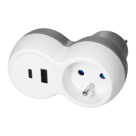 Rozgałęźnik 2P+Z, USB-A+C, biało-szary