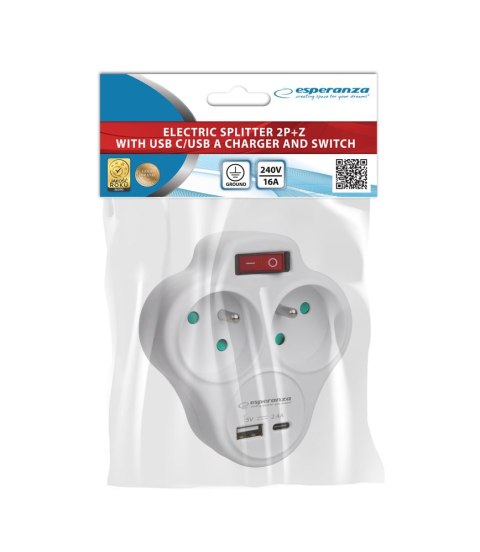 ELK311W Esperanza rozgałęźnik elektr. 2 gn. usb-c usb-a wł. biały