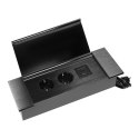 Gniazdo meblowe wpuszczane w blat z płaskim frezowanym rantem, uchylną klapką, ładowarką USB i przewodem 1,5m, 2x2P+Z (Schuko), 