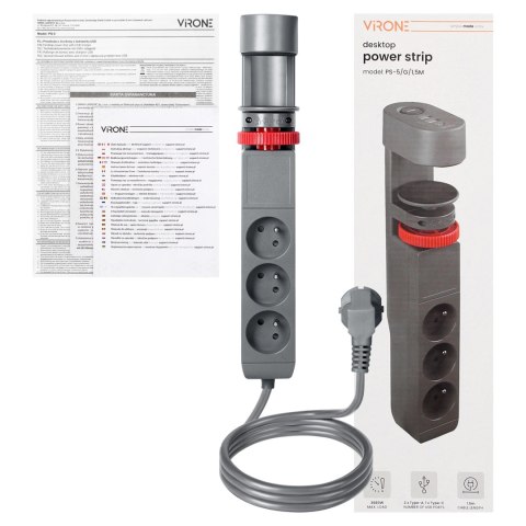 Przedłużacz biurkowy 3-krotny 2P+Z, 1,5M H05VV-F 3x1,5mm?, 2xUSB+1 typu C