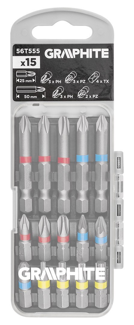 Zestaw bitów PH2x2, PH3, PZ2x2 x 50 mm, PH1/2/3, PZ1/2/3, TX10/20/25/30 x 25 mm, 15 szt.