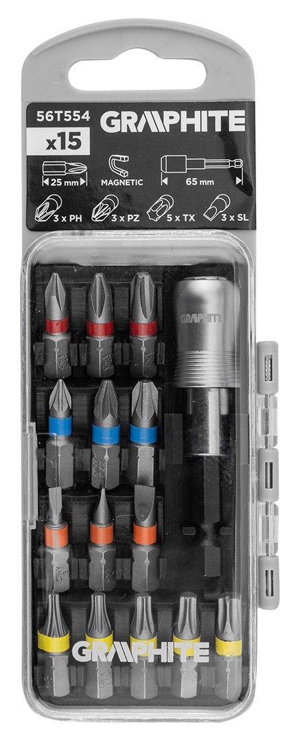Zestaw bitów SL3/4/5, PH1/2/3, PZ1/2/3, TX10/15/20/25/30 x 25 mm, z uchwyt. magnet. 65 mm, 15 szt.
