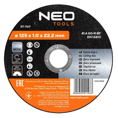 Tarcza tnąca do metalu 125 x 1.0 x 22.2 mm, 41 A60-R-BF