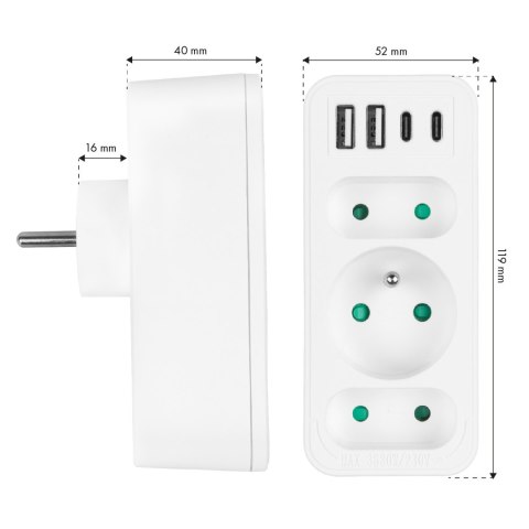 Gniazdko prądowe x3 + 4xUSB Maclean, rozgałęźnik z 3 gniazdami, 2xUSB A, 2xUSB C PD 20W, 1x16A + 2x6A, MCE248 F/W