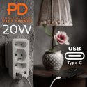 Gniazdko prądowe x3 + 4xUSB Maclean, rozgałęźnik z 3 gniazdami, 2xUSB A, 2xUSB C PD 20W, 1x16A + 2x6A, MCE248 F/W