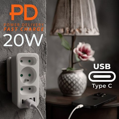 Gniazdko prądowe x3 + 4xUSB Maclean, rozgałęźnik z 3 gniazdami, 2xUSB A, 2xUSB C PD 20W, 1x16A + 2x6A, MCE248 F/W