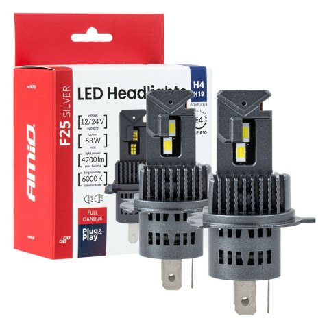 Żarówki samochodowe led f25 silver full canbus 58w h4 h19 12v 24v amio-04703